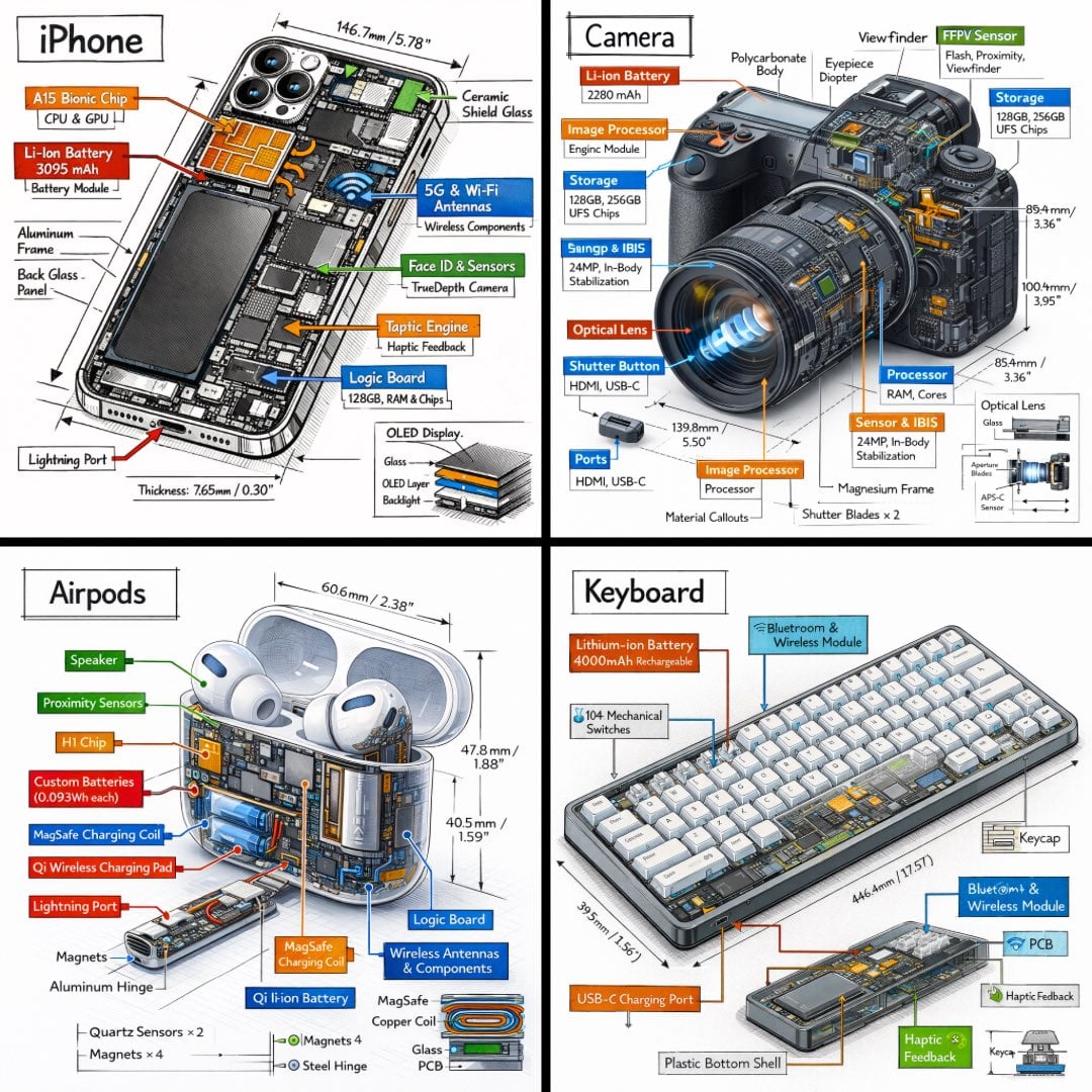Create a technical infographic of OBJECT with a 45-degree isometric 3D perspective...