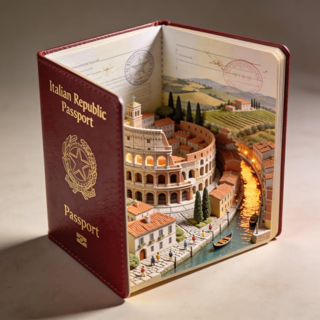 Hyper-realistic open COUNTRY passport on a studio surface, with gold-embossed “Offi...