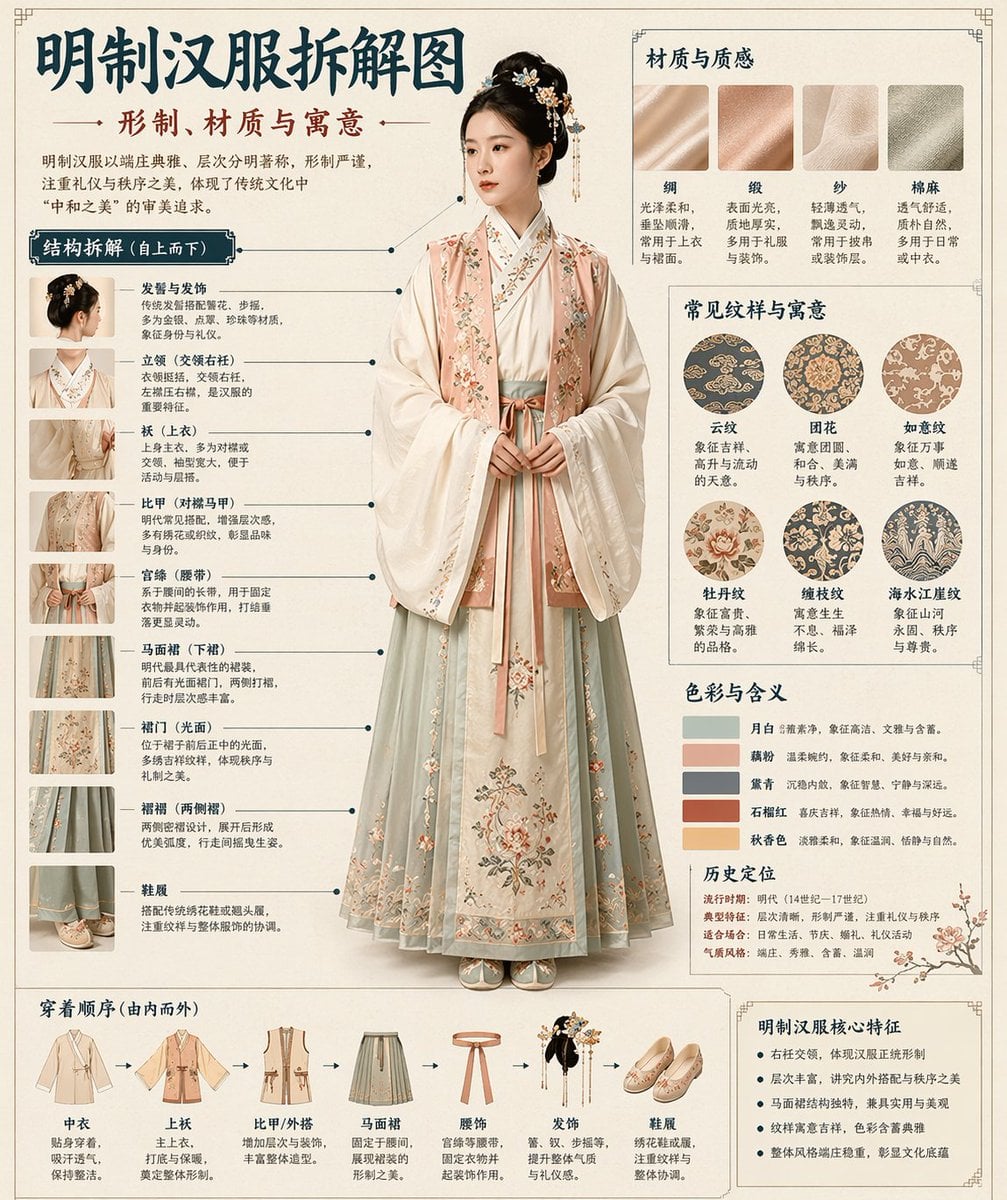 请根据主题自动生成一张博物馆图鉴式中文拆解信息图。 要求整张图兼具真实写实主视觉、结构拆解、中文标注、材质说明、纹样寓意、色彩含义和核心特征总结。你需要根据主题自动判...