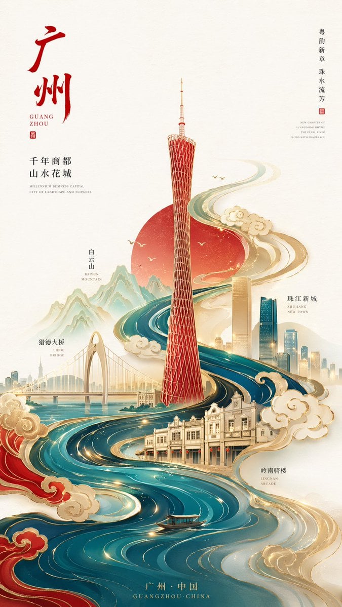 新中式极简风格高端城市海报,9:16竖版构图,以广州为核心主题,画面中心为抽象几何化的广州塔,造型简洁但具有辨识度, 整体采用S型流动构图,从下方向上延展,珠江水系被...