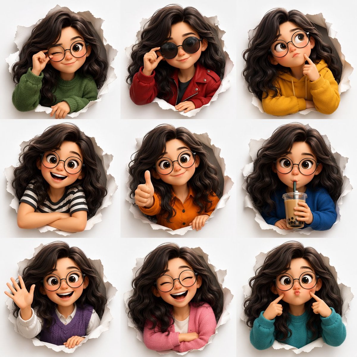 3D Pixar-style expression sheet, cute stylized avatar with wavy dark hair and round...