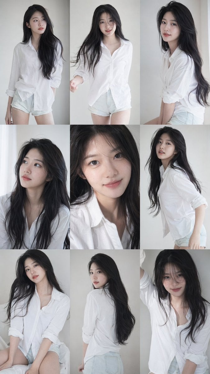 9:16 vertical — a 3x3 grid collage (nine images) forming a Korean idol portrait pho...