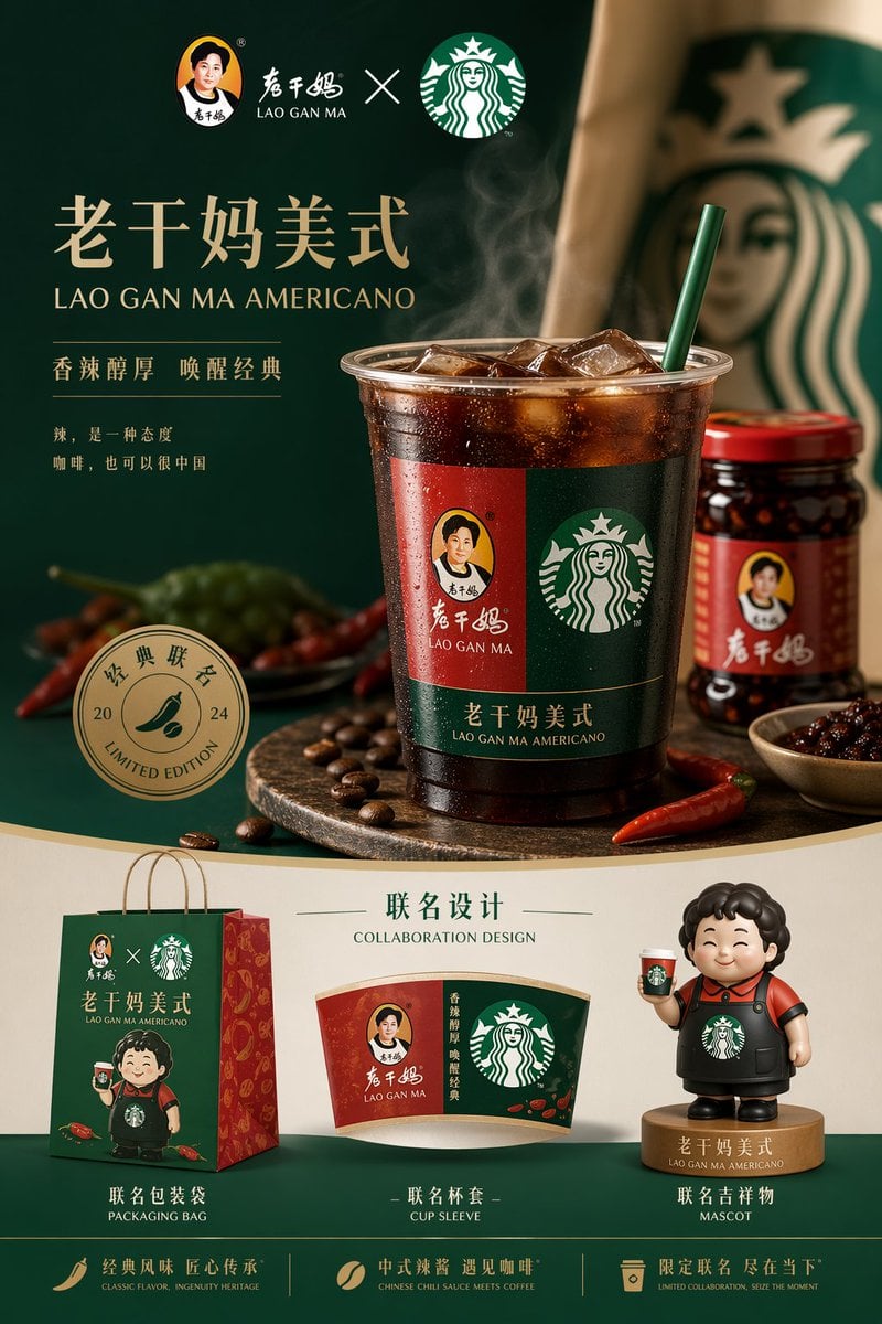 生成完整高端的品牌运营图 ,产品是老干妈和星巴克的联名款:老干妈美式,中间是主图,下面放一些联名的设计,包装袋、杯套以及吉祥物。