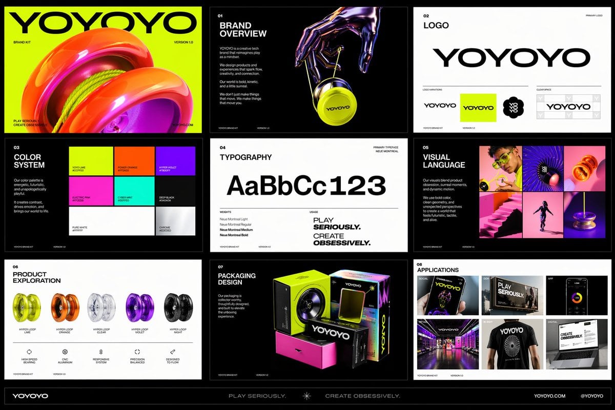 Create a polished multi-page (multiple images) brand kit for a company called YOYOY...