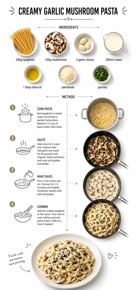 Create step-by-step recipe infographic for creamy garlic mushroom pasta, top-down v...