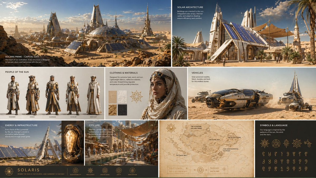 Create a complete visual worldbuilding set for a futuristic desert civilization pow...