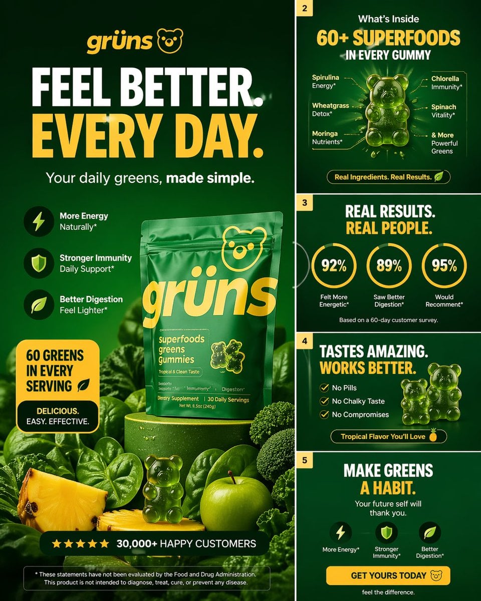Create a high-converting carousel image for Grüns (greens gummies). Bold hook, clea...