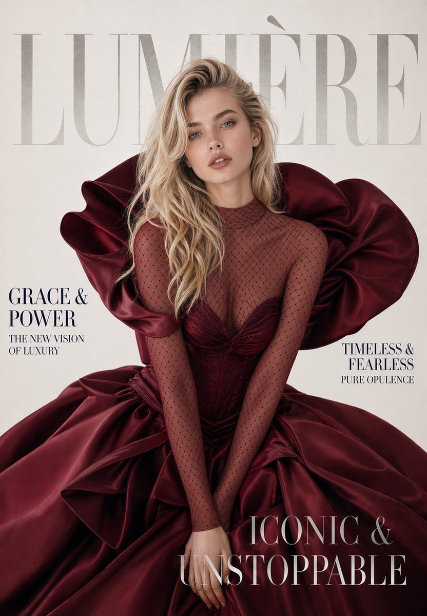 A luxury high-fashion magazine cover. Magazine name at the very top in massive eleg...