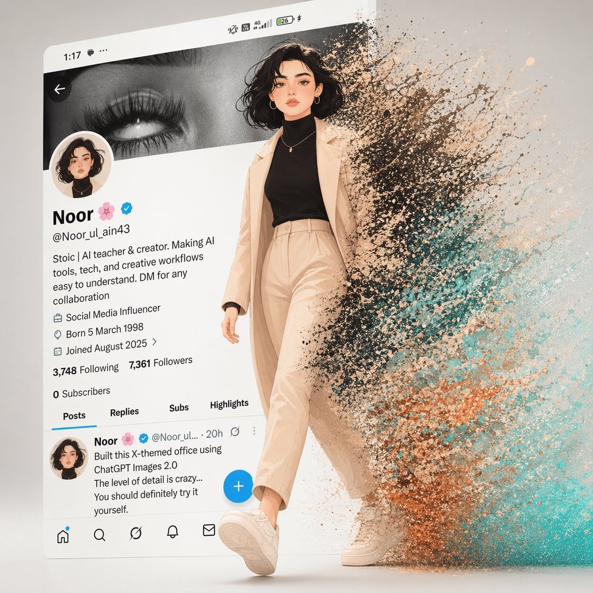 A cinematic digital artwork of a stylish animated girl walking out of a modern X (T...