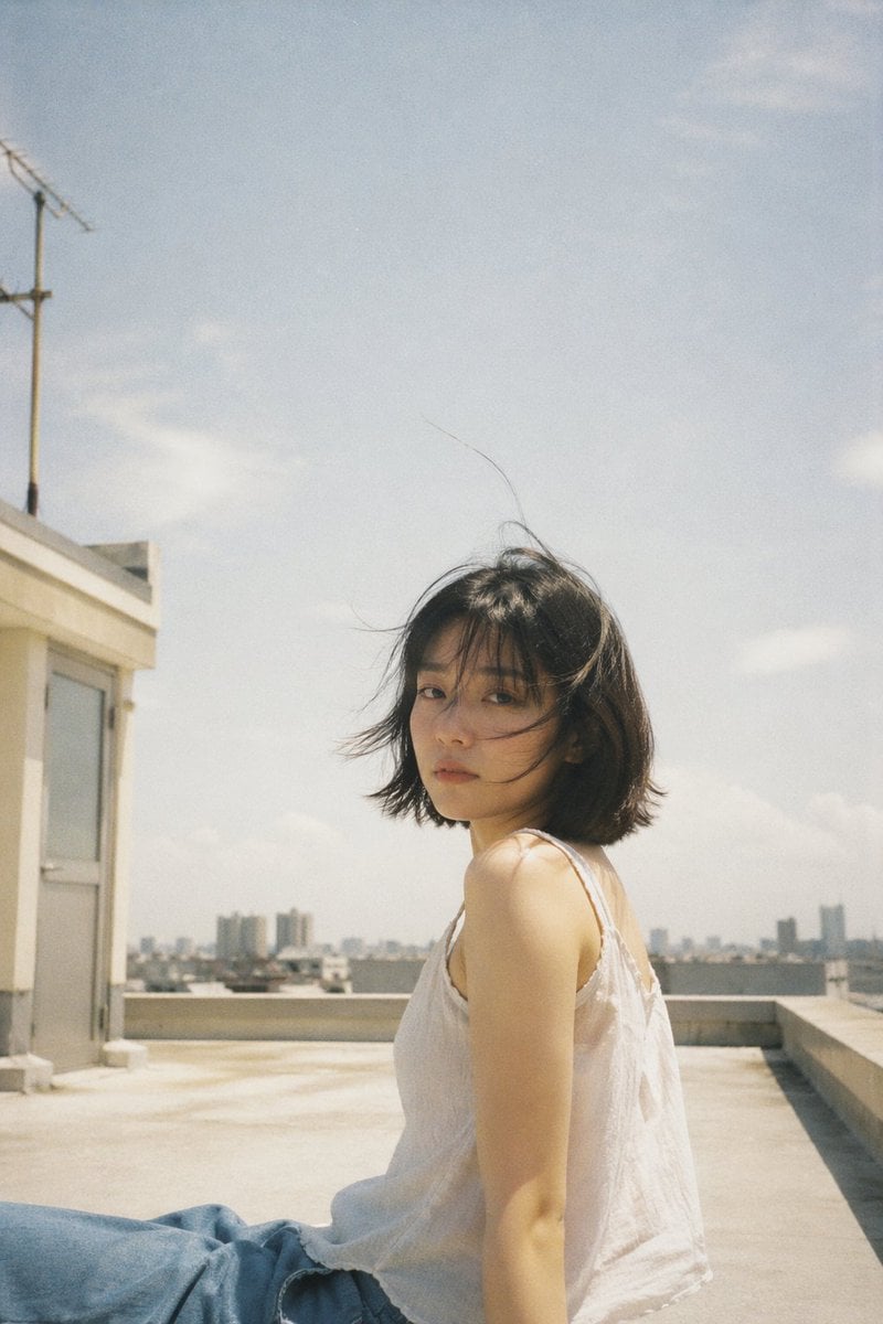 Japanese negative film aesthetic, rooftop summer scene, soft natural sunlight, slig...