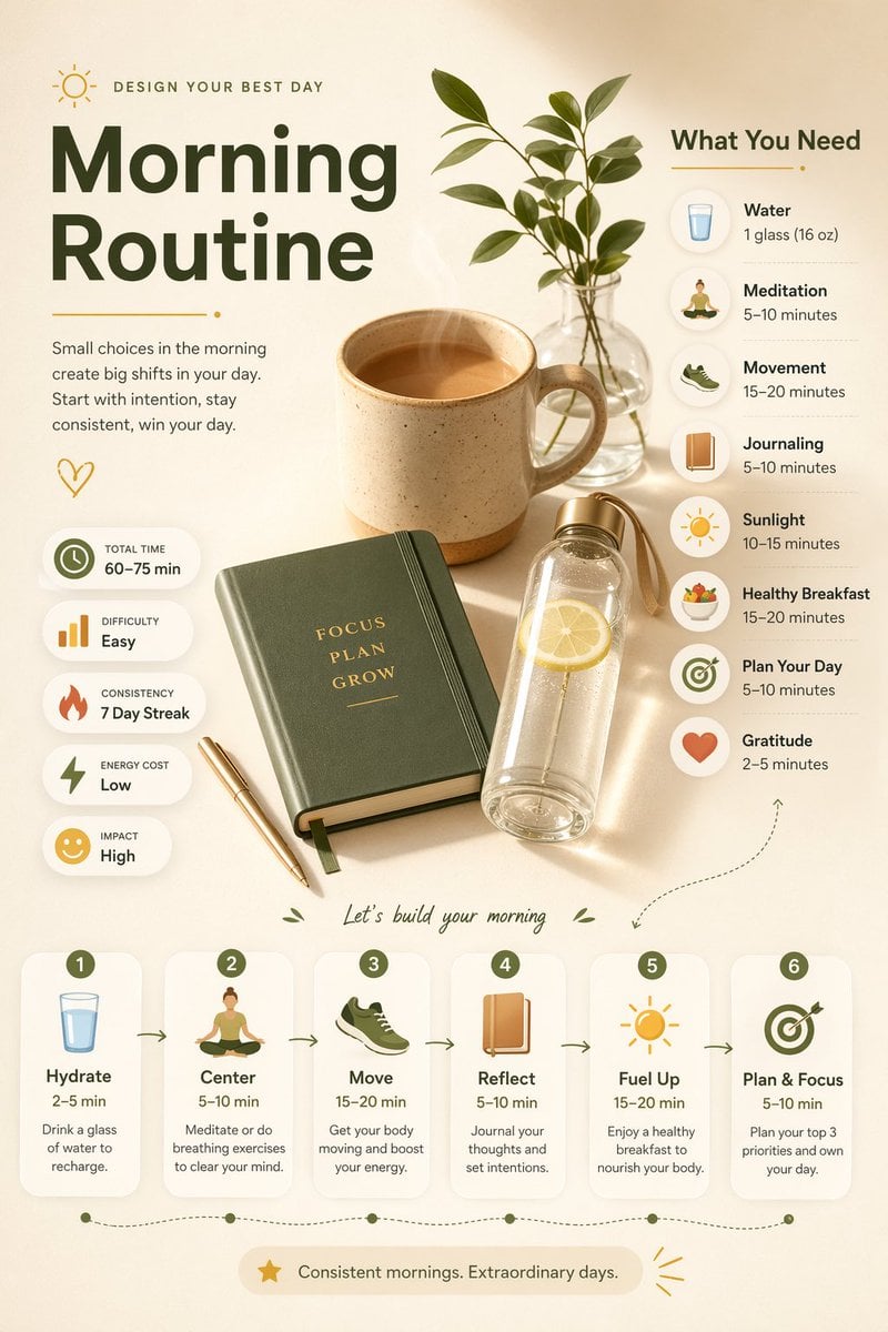 Ultra-clean modern editorial infographic on the topic of ROUTINE routine. Hero visu...