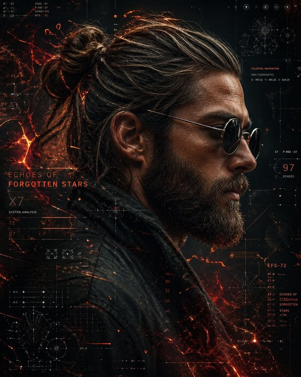 A cinematic side-profile portrait of a rugged man with a tied-back bun and full bea...