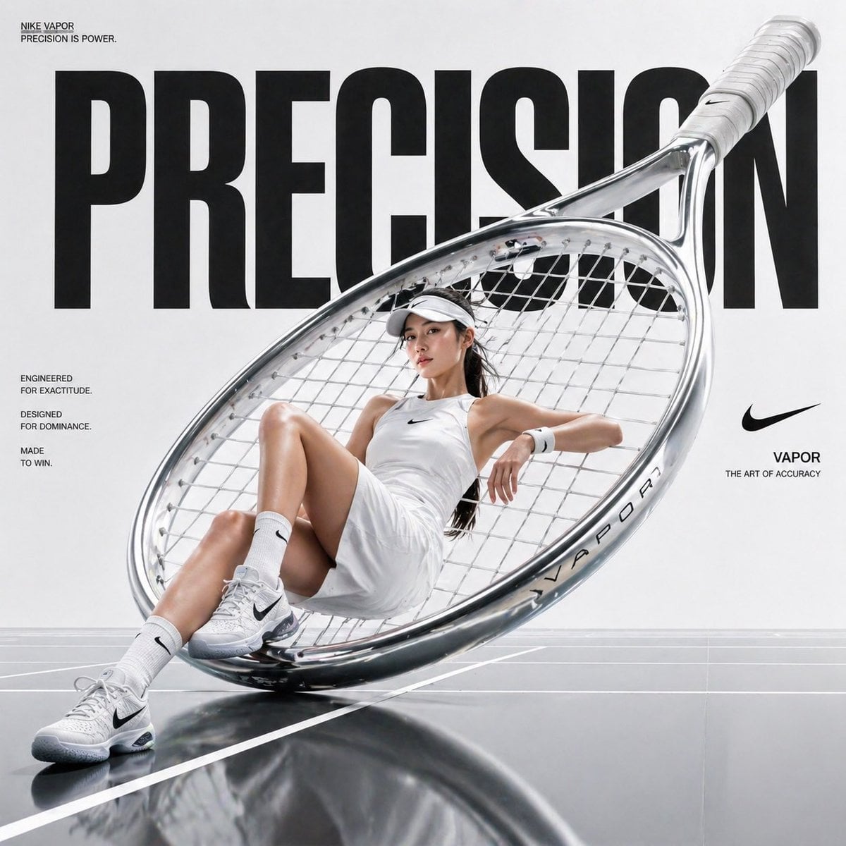 Avant-garde sports fashion advertisement, oversized tennis racket positioned like m...