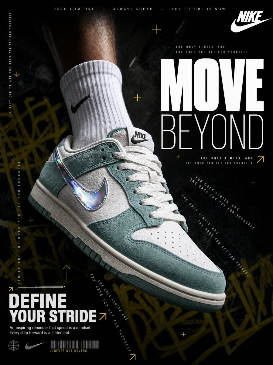 A hyperrealistic Nike sneaker advertisement shot in a dark, moody editorial style....
