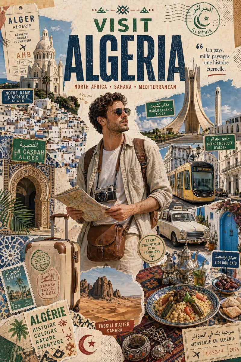 Create a stylized travel poster / graphic collage for ALGERIA. The main subject sho...