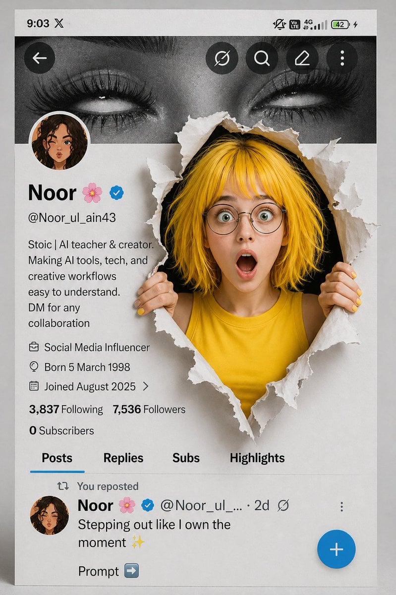 A creative 3D photo manipulation of a social media profile interface, featuring a s...