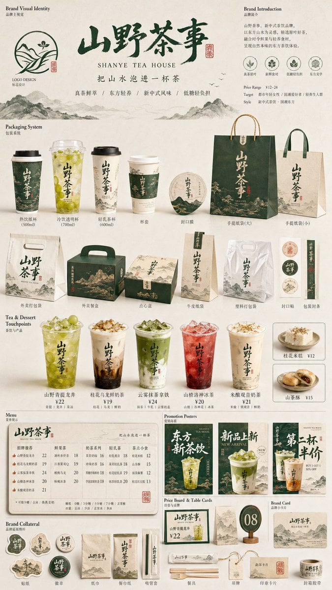 生成一张餐饮品牌触点矩阵系列视觉图,用于展示一个完整的餐饮品牌视觉系统与包装应用方案。 这是一个面向餐饮行业的品牌VI样机展示板 / 包装系统陈列图 / 品牌提案页。...