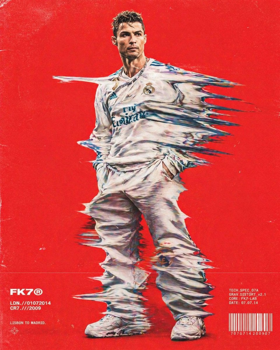 Hip-hop fashion model standing full-frame, clothing distorted into stretched streak...