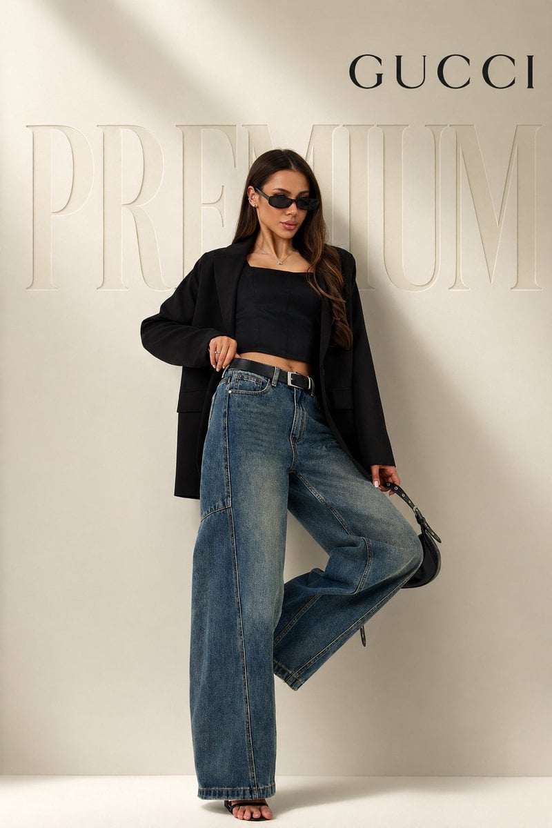 full body female model in confident fashion pose (one leg slightly raised, relaxed...