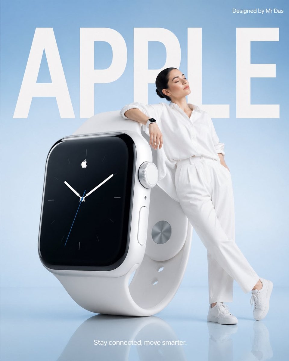 Minimalist commercial ad featuring oversized white smartwatch, ultra-clean design....