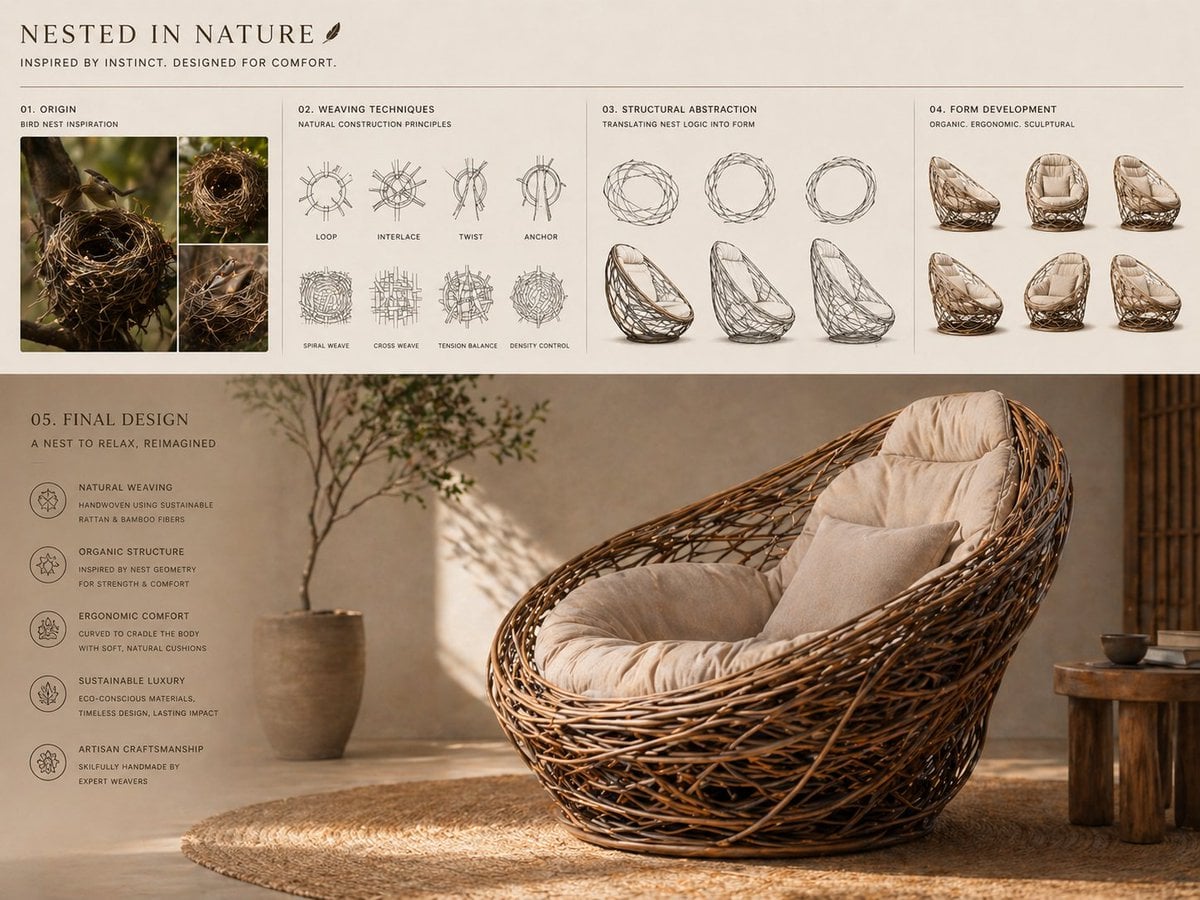Conceptual transformation, bird nest construction techniques shaping a sculptural l...