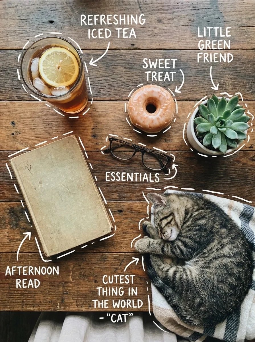 Top-down flat lay on a rustic wooden table, cozy aesthetic, soft natural light. A g...