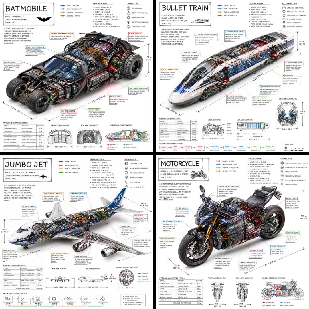 Create a technical infographic of VEHICLE with a 45-degree isometric 3D perspective...