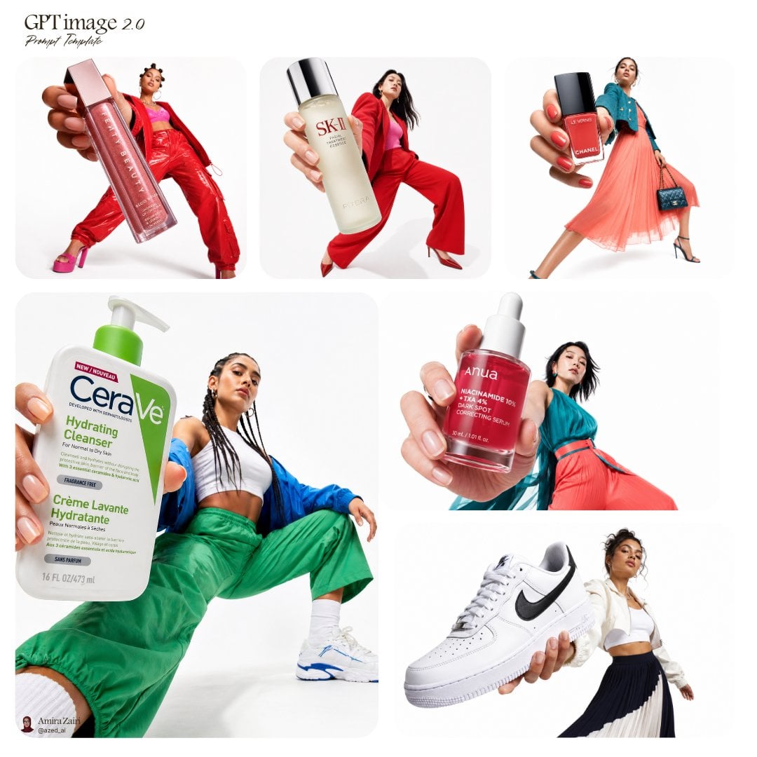 Low-angle fashion campaign photograph of a confident model holding a large product...