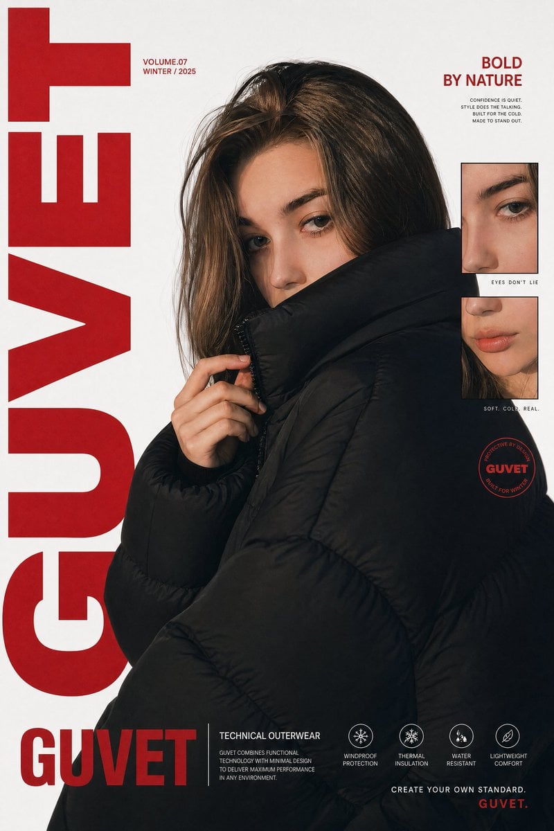 A bold fashion editorial poster featuring a young woman model in a close-up half-bo...